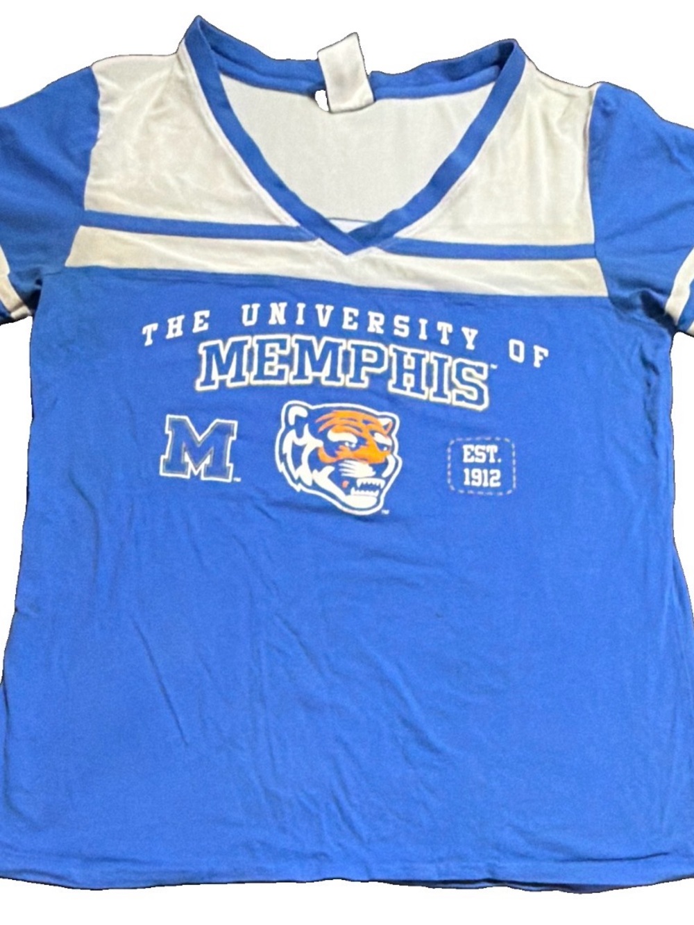Women's Blue and White University of Memphis V-Neck Tee Size M